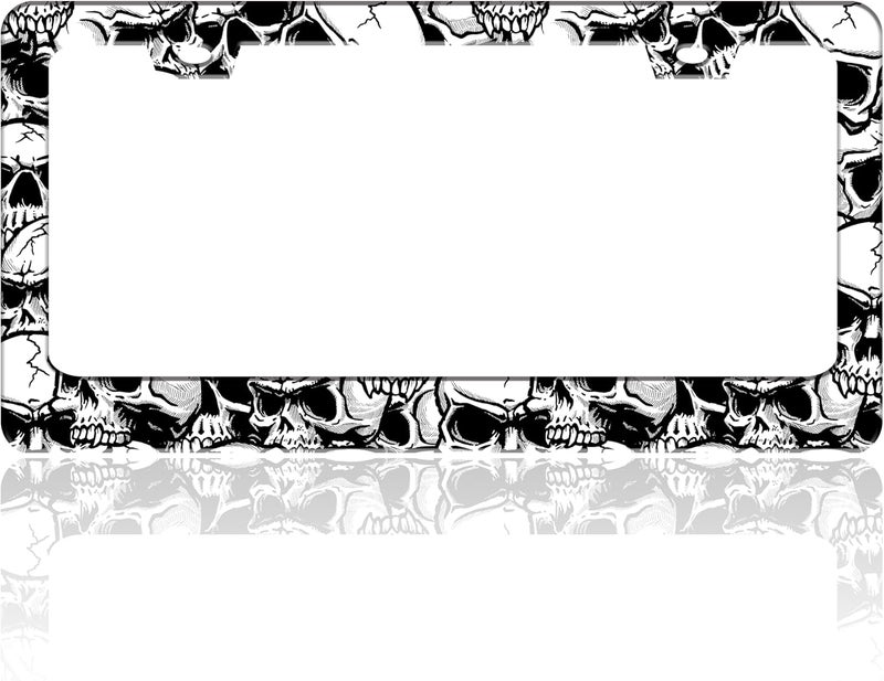 TINALUIN Skull License Plate Frame Black White Skeleton Stainless Steel License Plate Holder for Front or Rear Car Tags Funny for Car Decoration Accessories with Screws 6.3 X 12.2 in for Women Men - Image 1